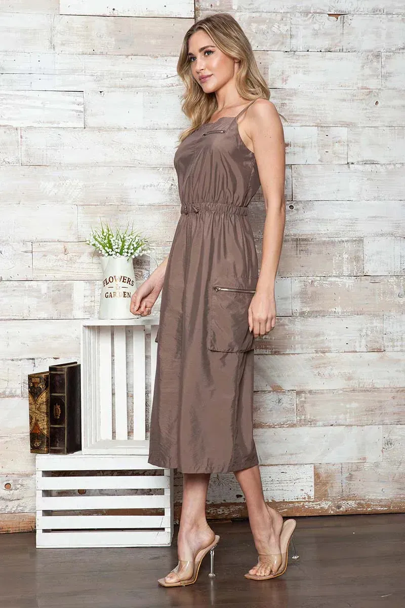 Utility Safari Style Zippered Pockets Drawstring Waist Midi Dress