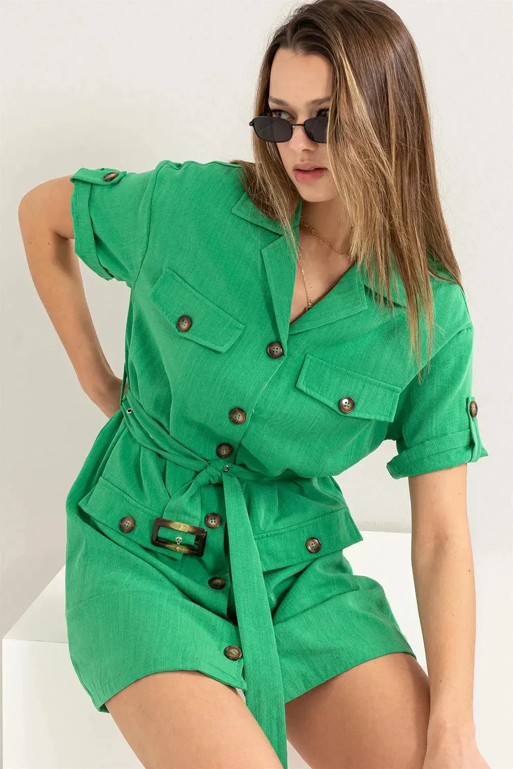Vibrant Green Button Down Belted Safari Utility Mini Dress