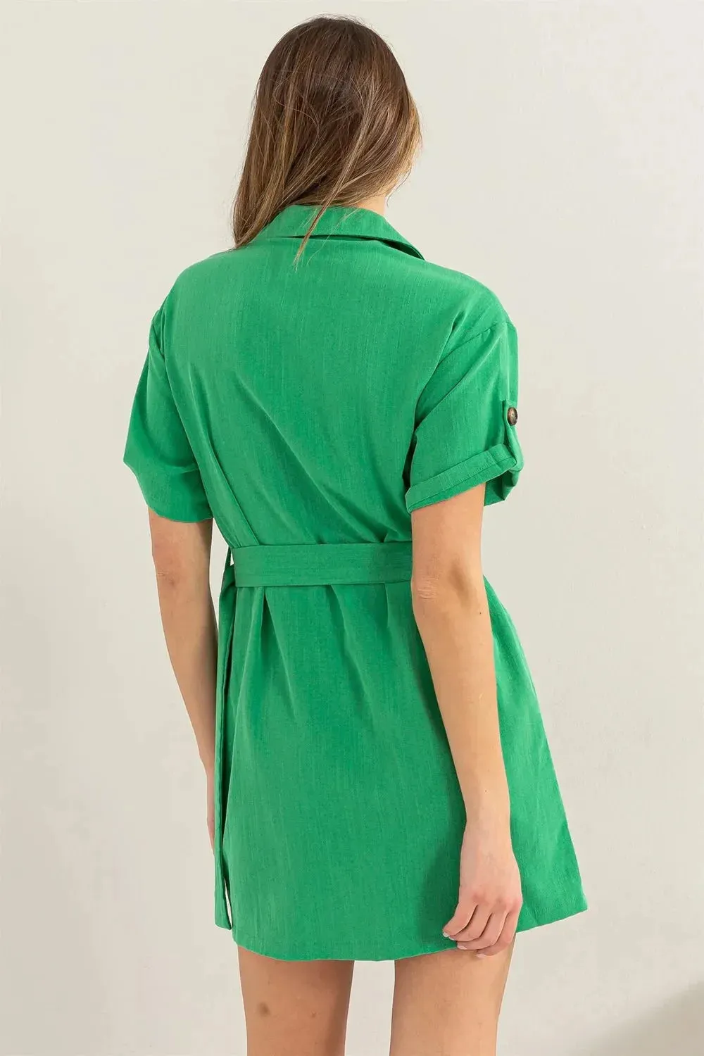 Vibrant Green Button Down Belted Safari Utility Mini Dress