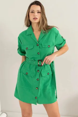 Vibrant Green Button Down Belted Safari Utility Mini Dress