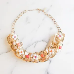 Vintage Chunky Gold White Flower Necklace