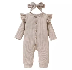 Willow button up griege waffle all in one romper loungewear with headband (up to 24 months)