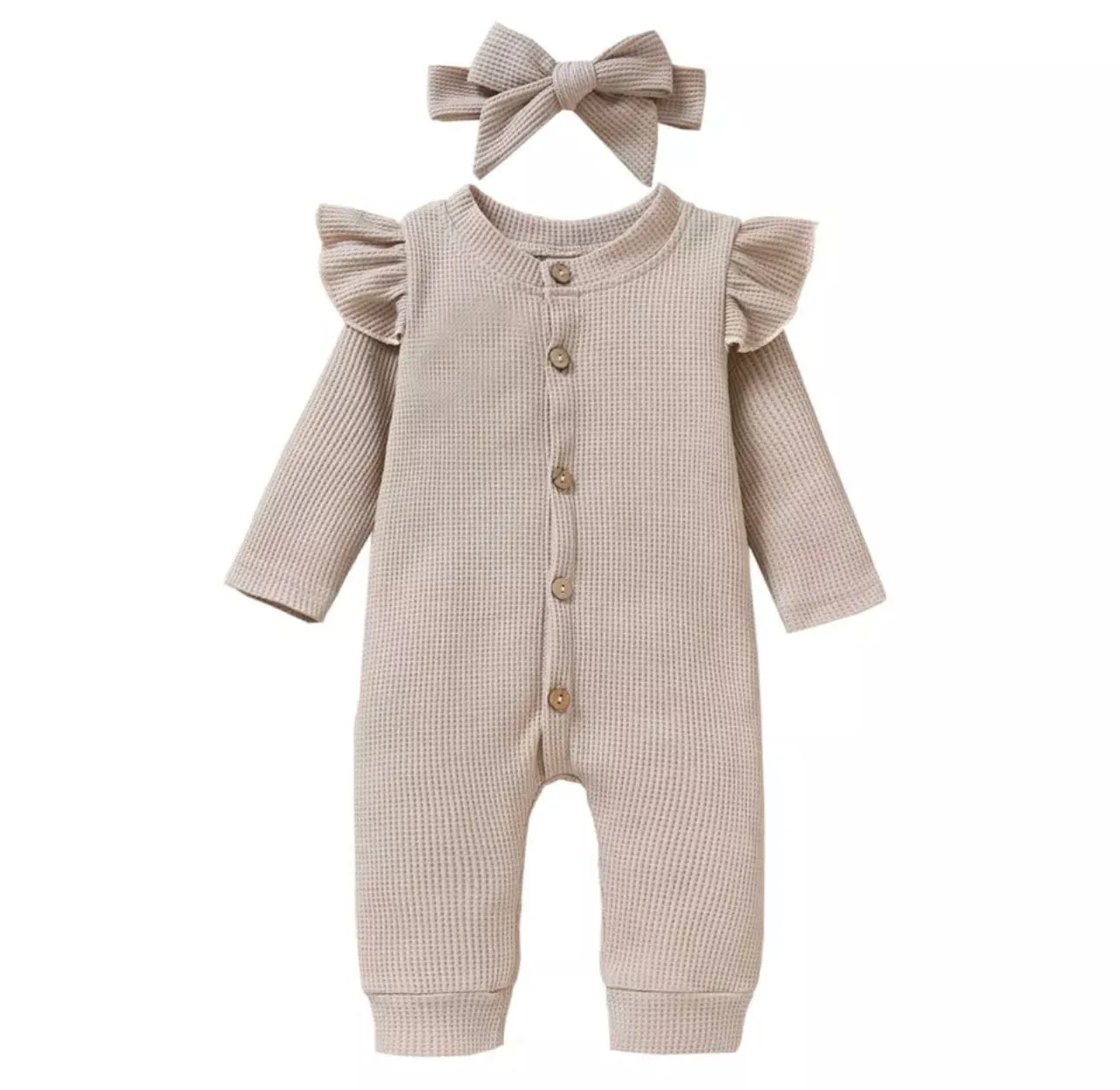 Willow button up griege waffle all in one romper loungewear with headband (up to 24 months)