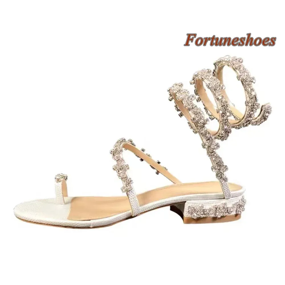 Winding Rhinestone Women Sandals Solid Chunky Heel Peep Toe Sandals 2024 New Arrivals Fashion Casual Dress Party Summer Sandals