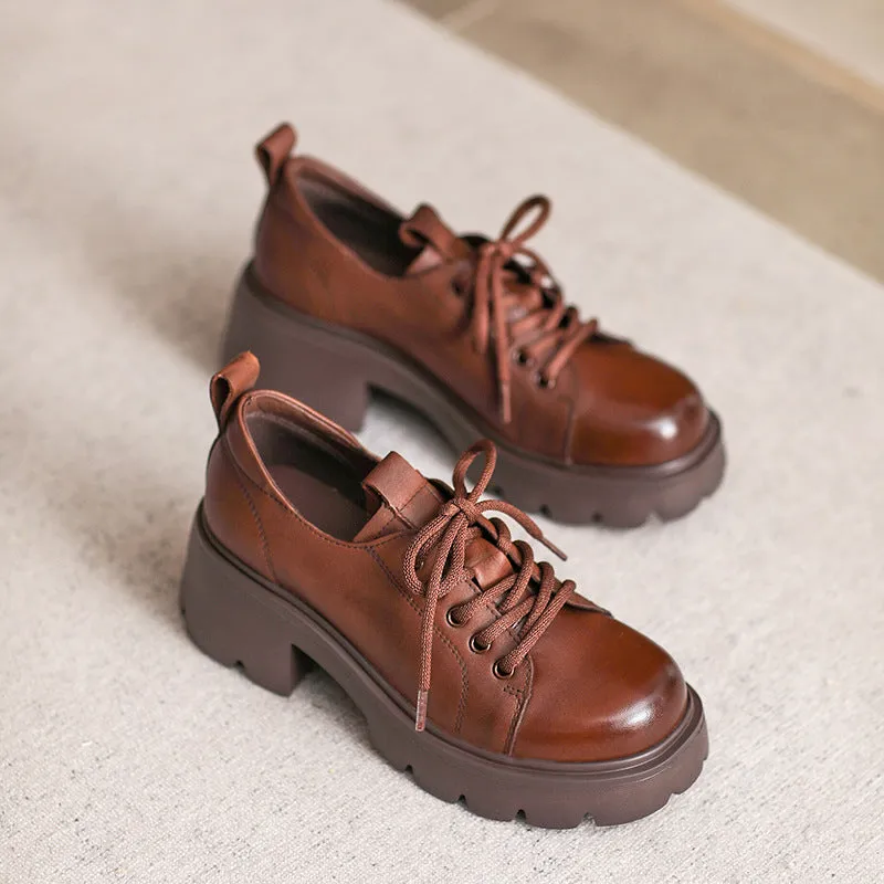 Women Retro Leather Chunky Platform Casual Shoes