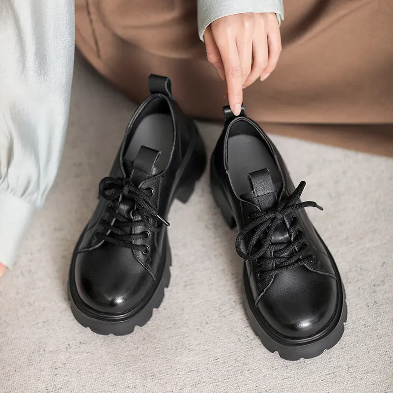 Women Retro Leather Chunky Platform Casual Shoes
