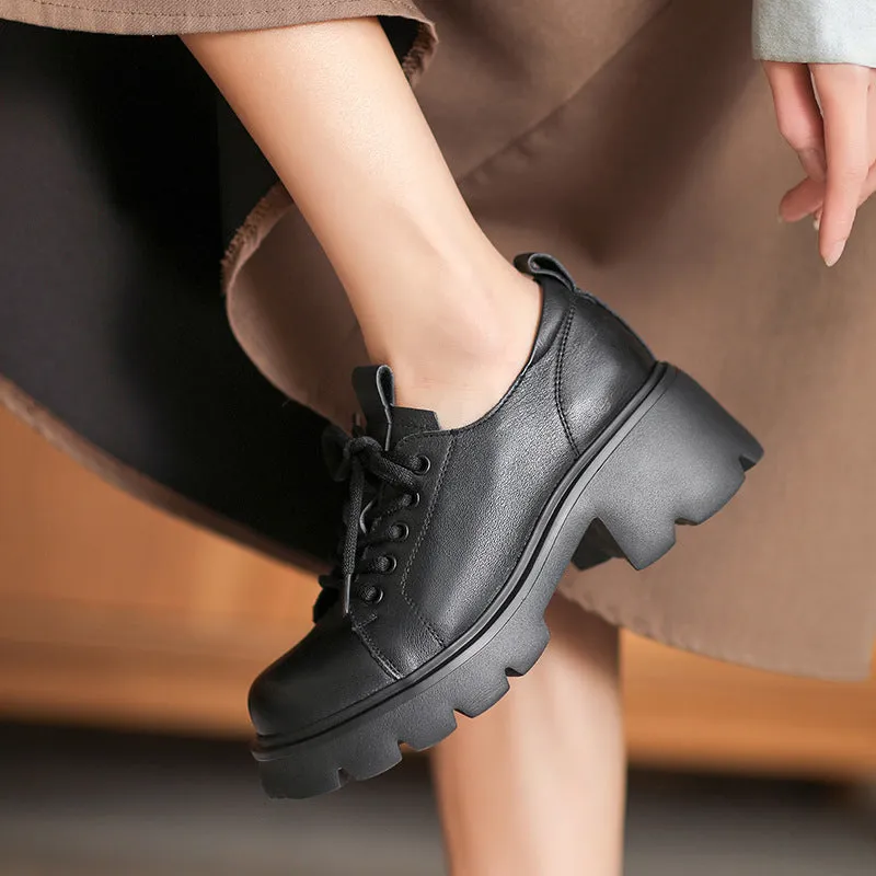 Women Retro Leather Chunky Platform Casual Shoes