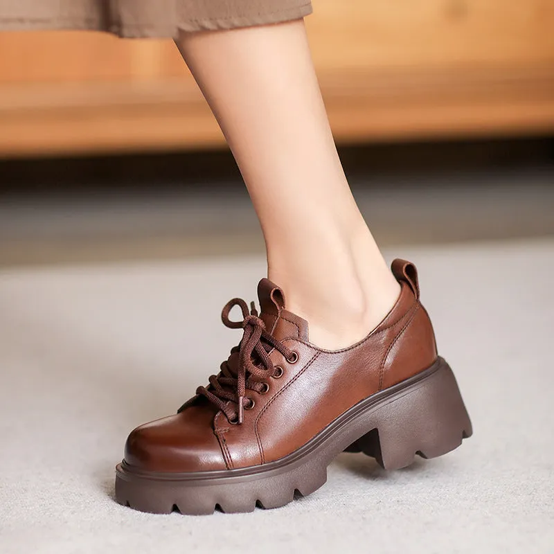 Women Retro Leather Chunky Platform Casual Shoes