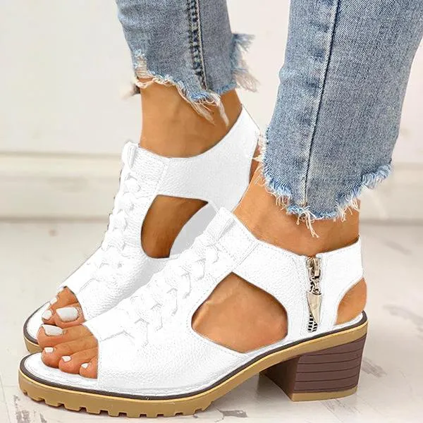 Women's Peep Toe Cutout Zipper Chunky Heeled Sandals