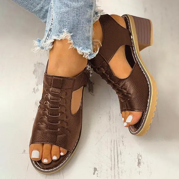 Women's Peep Toe Cutout Zipper Chunky Heeled Sandals