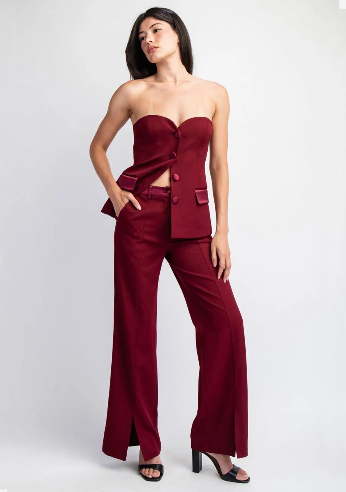 Woven Tailored Pants With Satin Contrast Insert