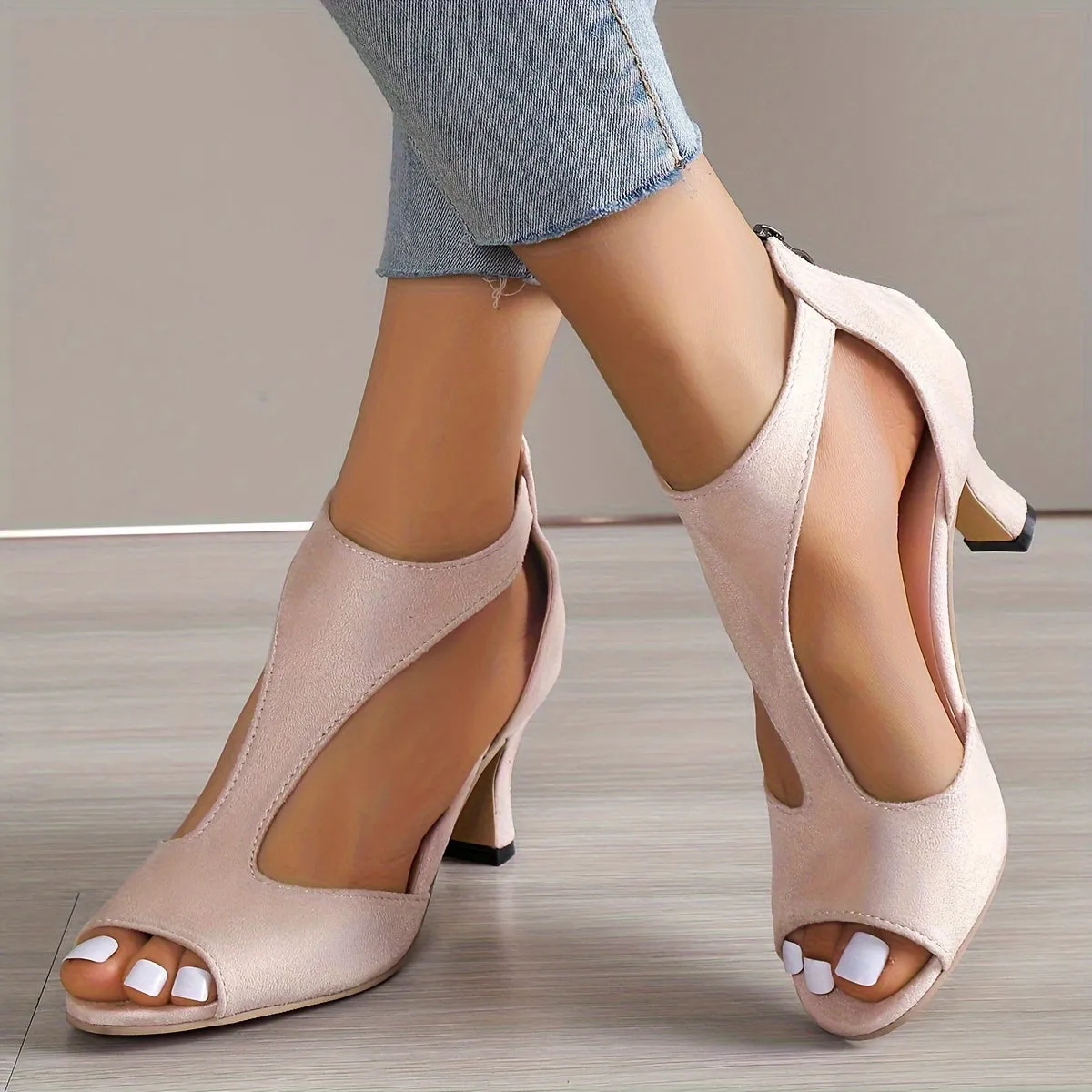 xieyinshe  Women's Peep Toe T-strap High Heels, Chunky Heel Back Zipper Sandals, Fashion Black Shoes