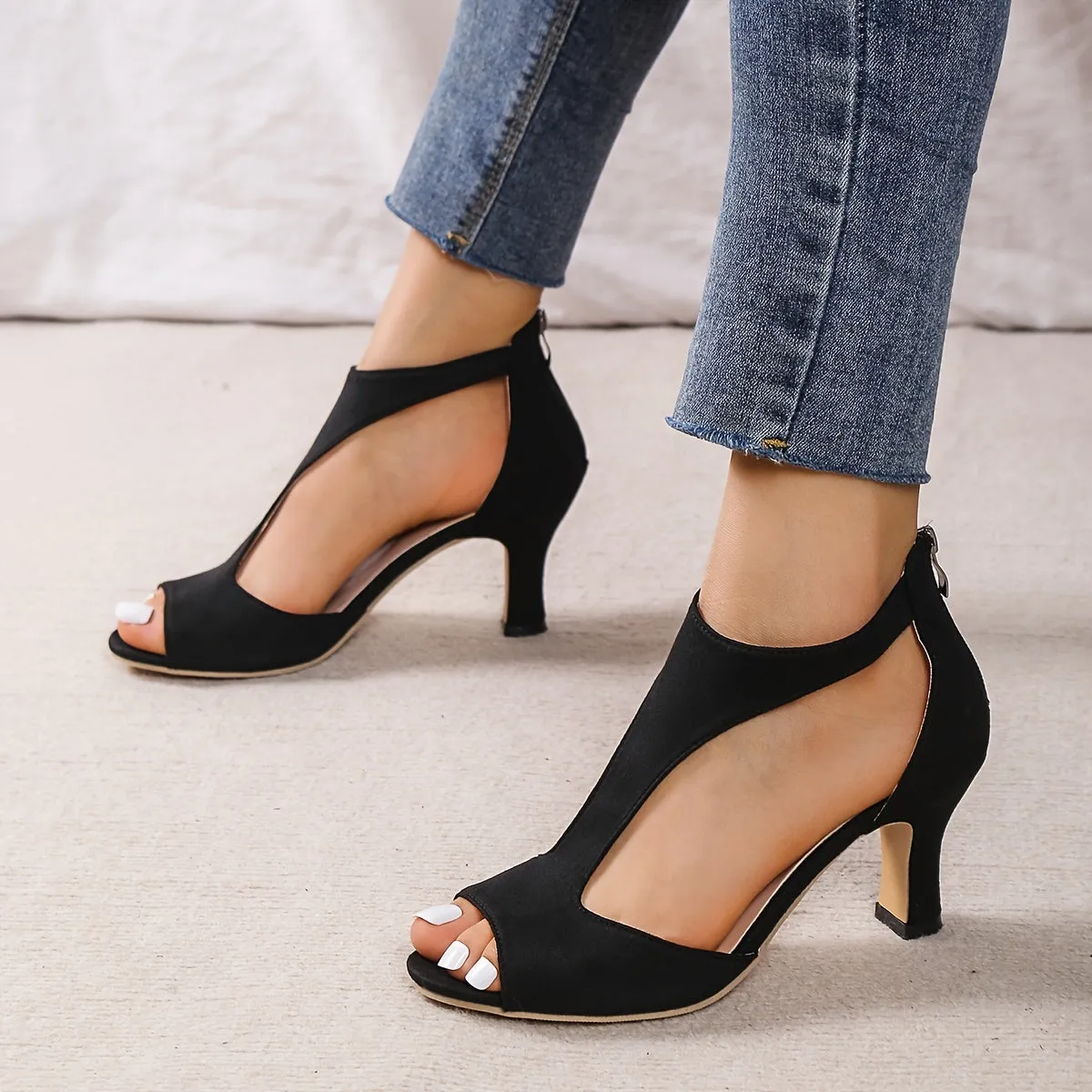 xieyinshe  Women's Peep Toe T-strap High Heels, Chunky Heel Back Zipper Sandals, Fashion Black Shoes