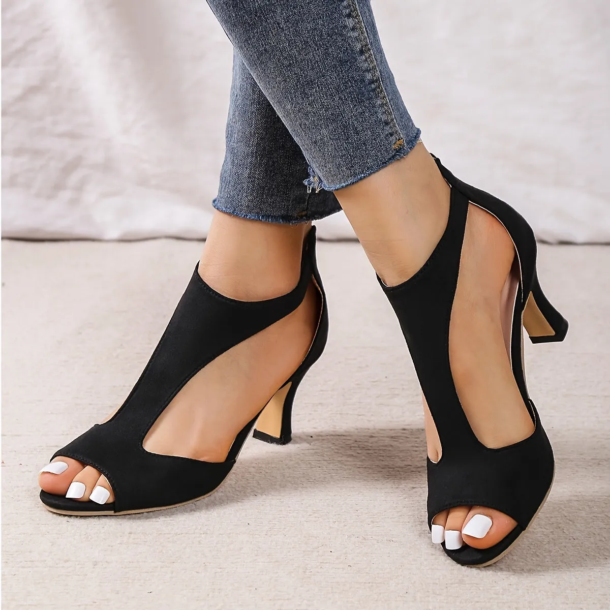xieyinshe  Women's Peep Toe T-strap High Heels, Chunky Heel Back Zipper Sandals, Fashion Black Shoes