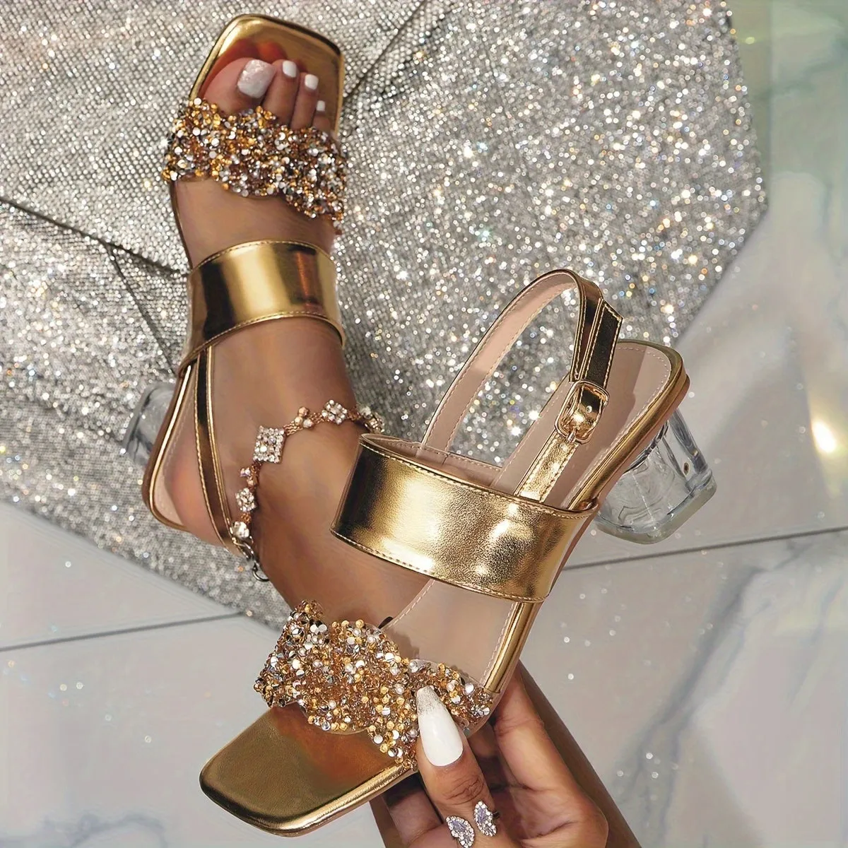 xieyinshe  Women's Rhinestone Decor Chunky Heel Sandals, Fashion Square Toe Dress Pumps, Stylish Buckle Strap Heels