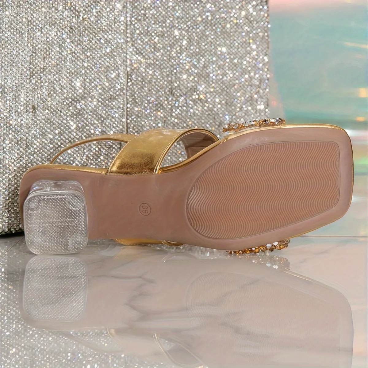 xieyinshe  Women's Rhinestone Decor Chunky Heel Sandals, Fashion Square Toe Dress Pumps, Stylish Buckle Strap Heels