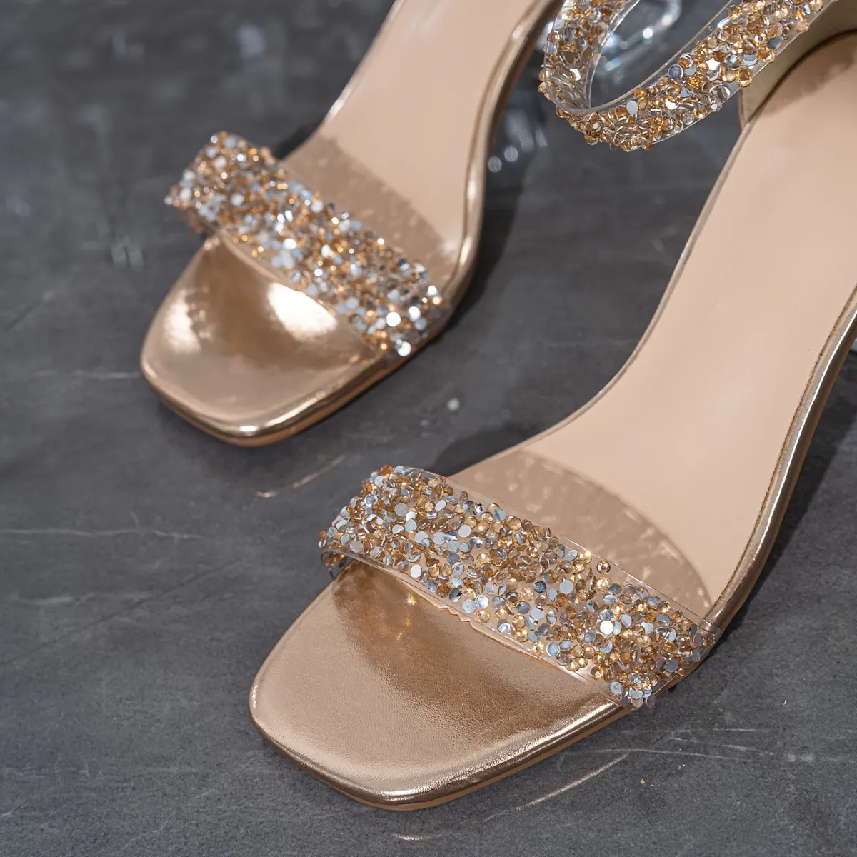 xieyinshe  Women's Sequins Chunky Heeled Sandals, Fashion Sequins Rhinestone Transparent Mid Heels, Elegant Wedding Dress Party Shoes