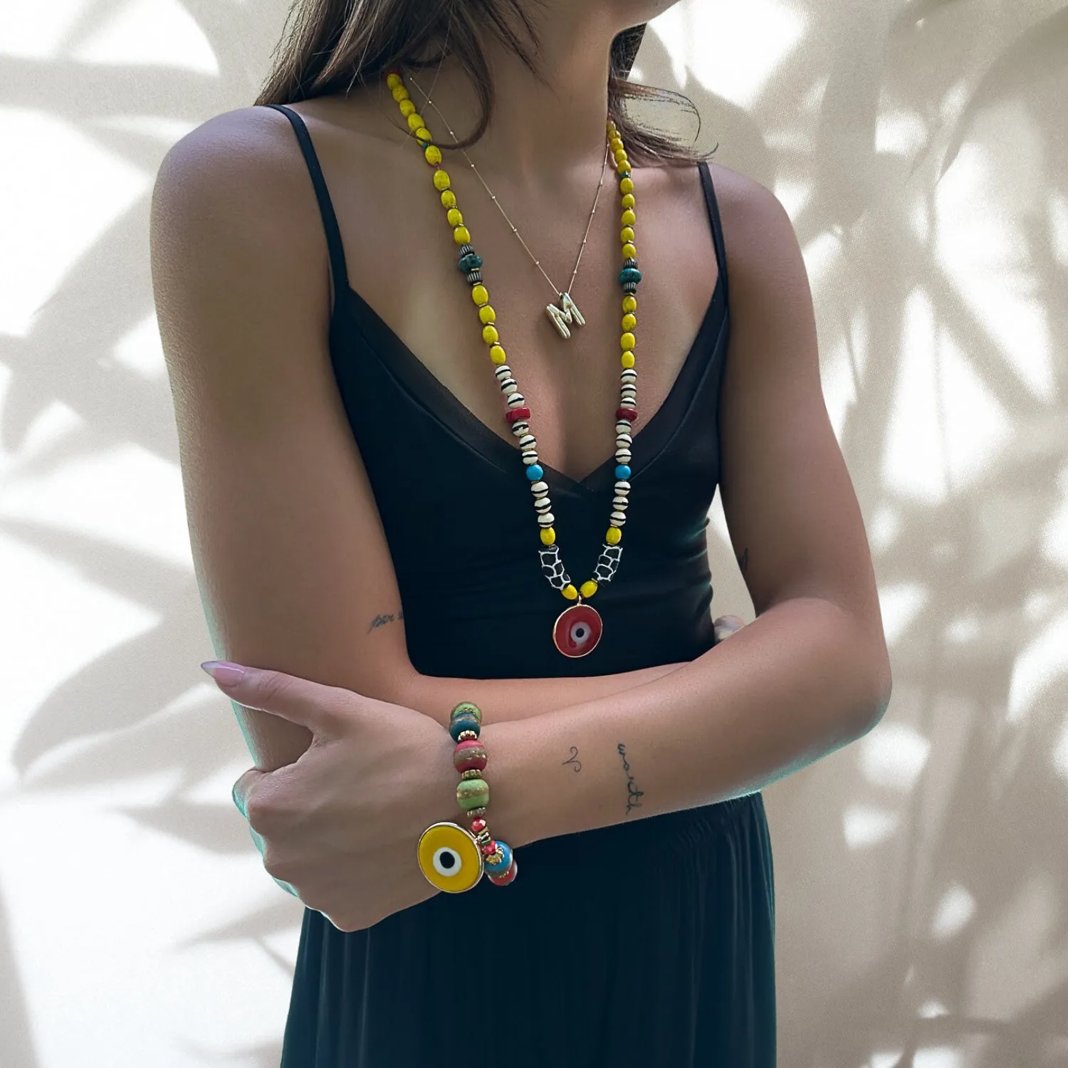 Yellow Evil Eye Multicolor Nepal Beaded Bracelet