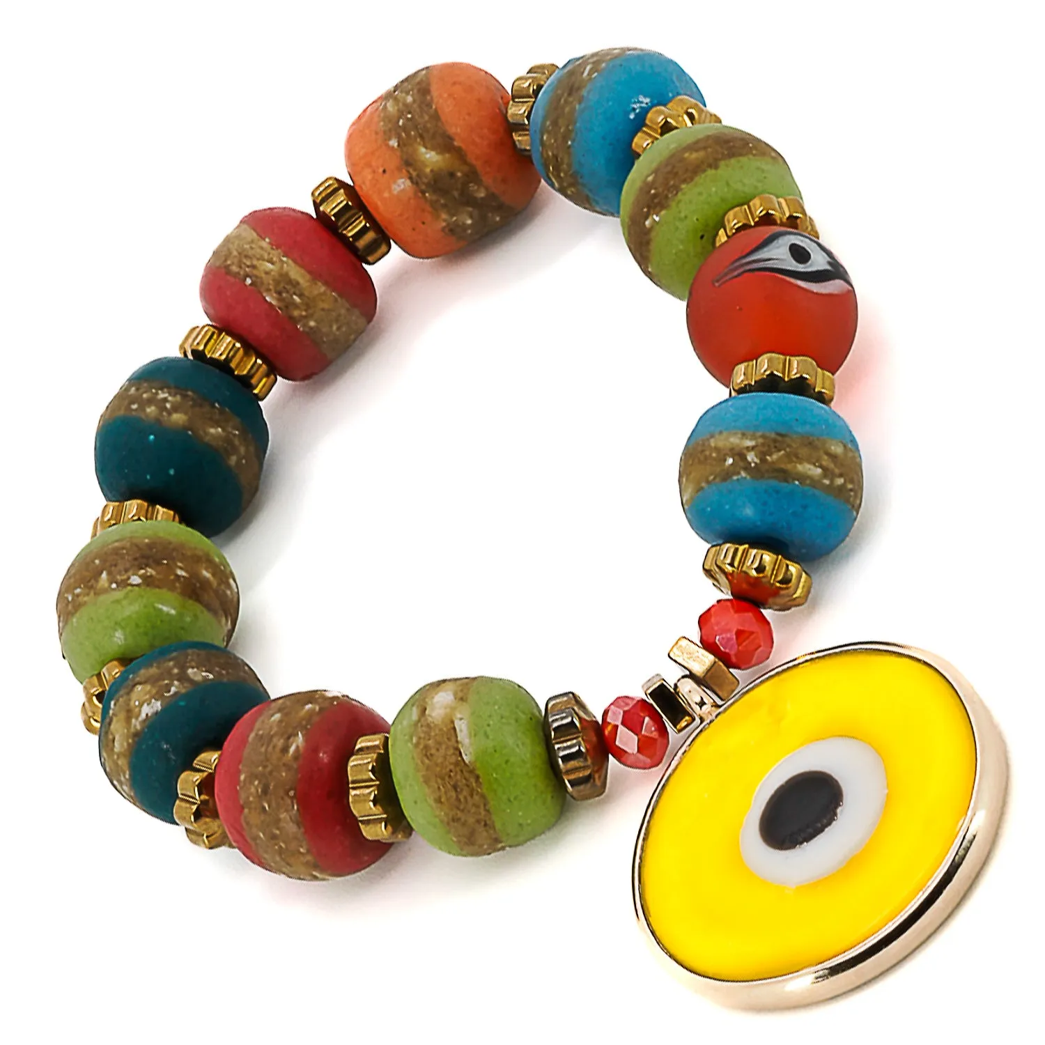 Yellow Evil Eye Multicolor Nepal Beaded Bracelet
