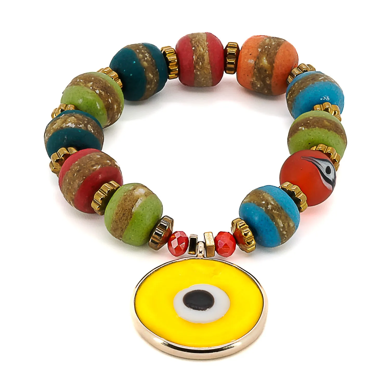 Yellow Evil Eye Multicolor Nepal Beaded Bracelet