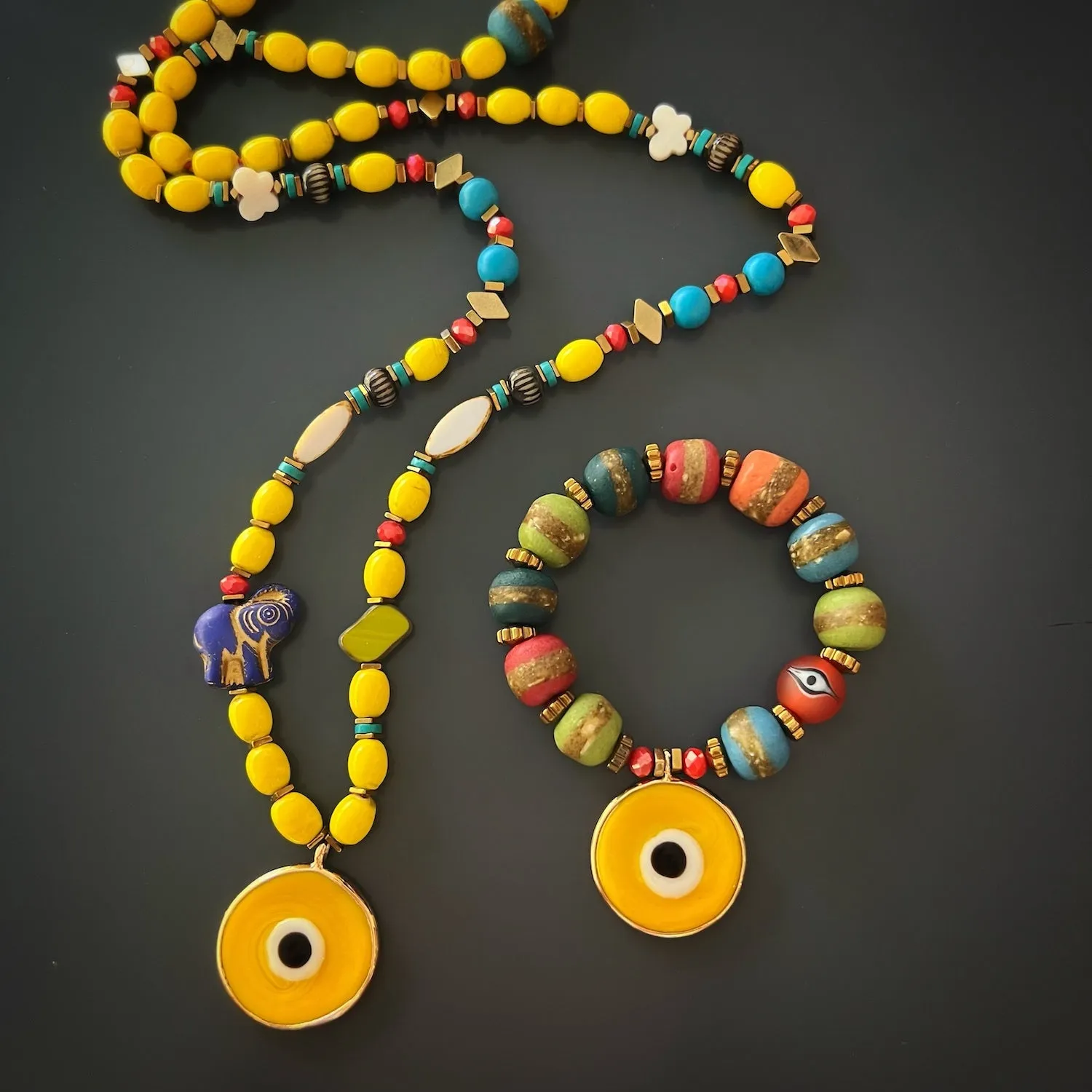 Yellow Evil Eye Multicolor Nepal Beaded Bracelet