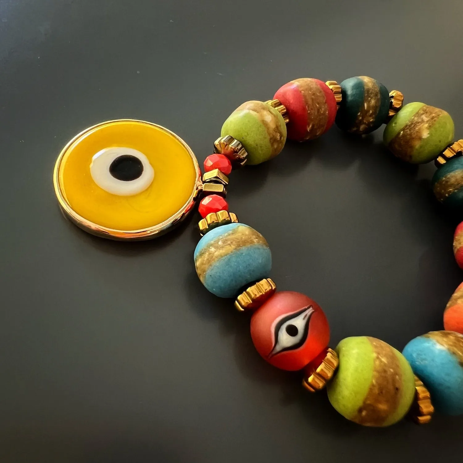 Yellow Evil Eye Multicolor Nepal Beaded Bracelet