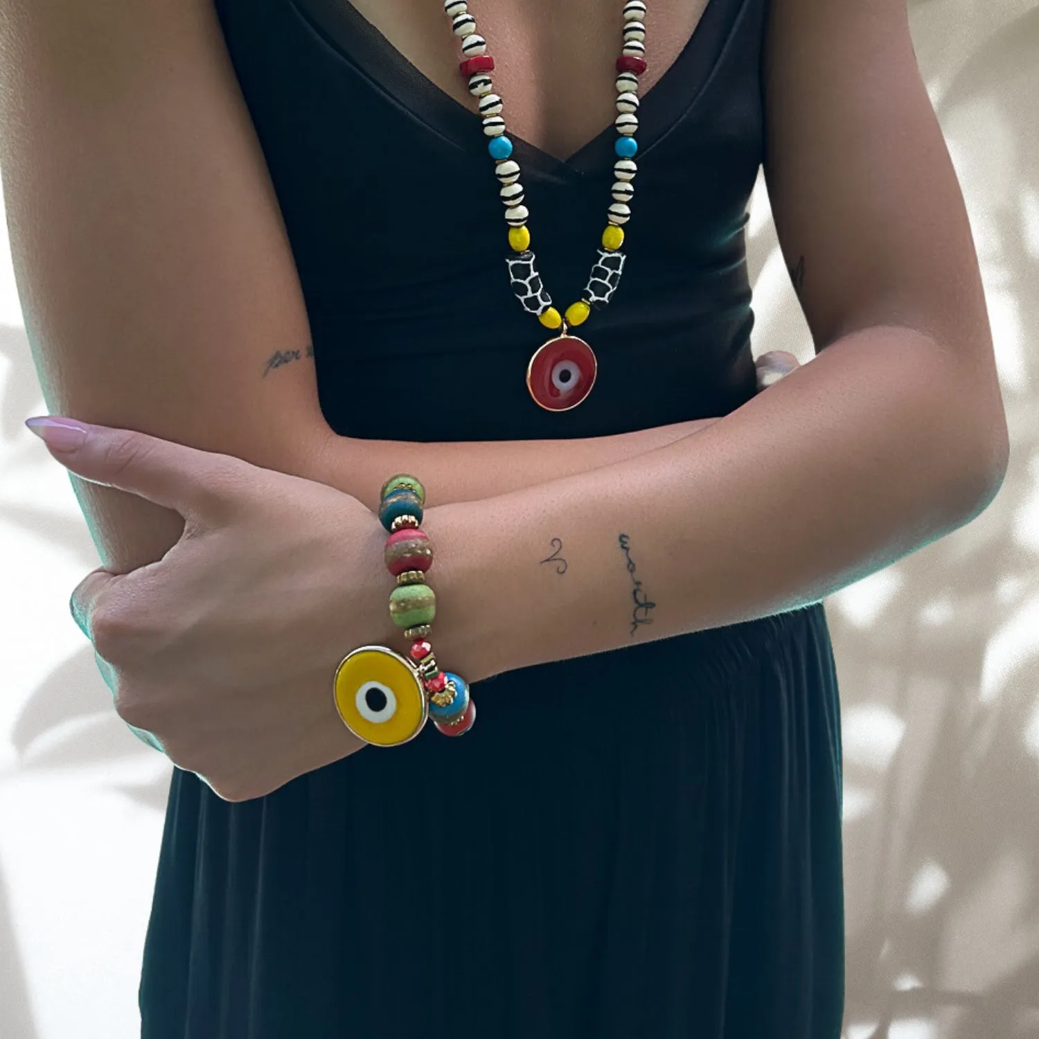 Yellow Evil Eye Multicolor Nepal Beaded Bracelet