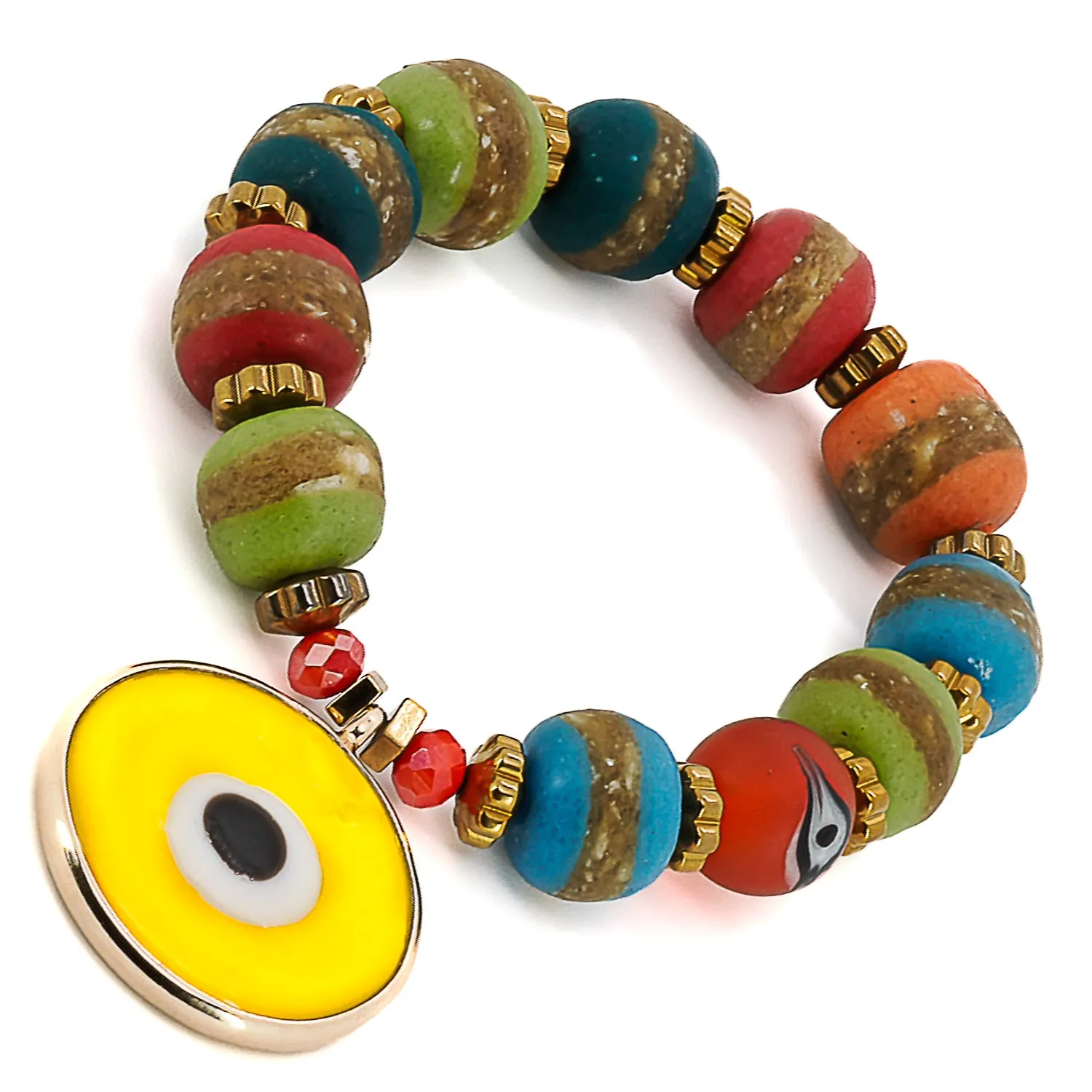 Yellow Evil Eye Multicolor Nepal Beaded Bracelet