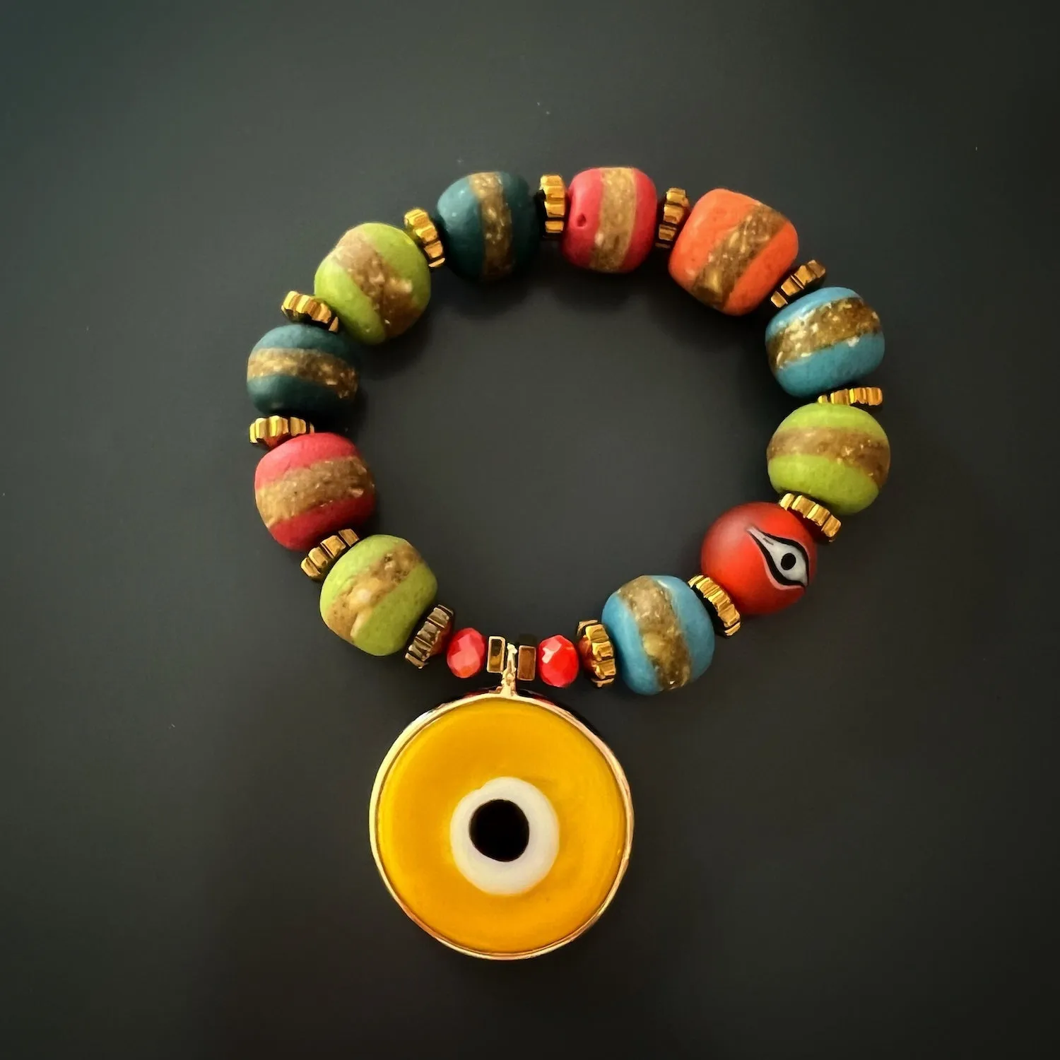 Yellow Evil Eye Multicolor Nepal Beaded Bracelet