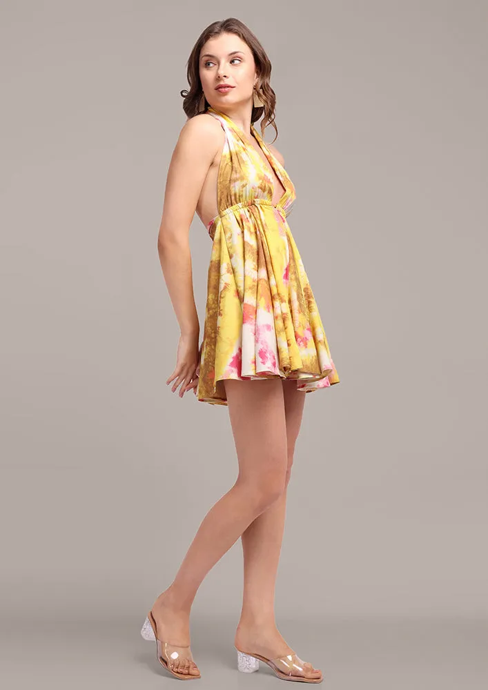 Yellow Tie Dye Halterneck Skater Mini Dress