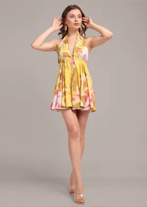 Yellow Tie Dye Halterneck Skater Mini Dress