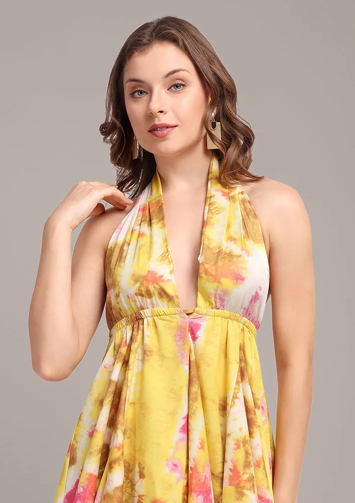 Yellow Tie Dye Halterneck Skater Mini Dress