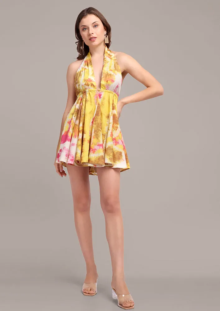 Yellow Tie Dye Halterneck Skater Mini Dress